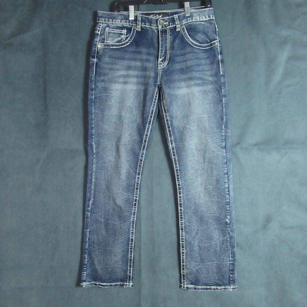 True Luck Jeans Mens 32x32 Blue Straight Thick Stitch Stretch Denim Moto Western